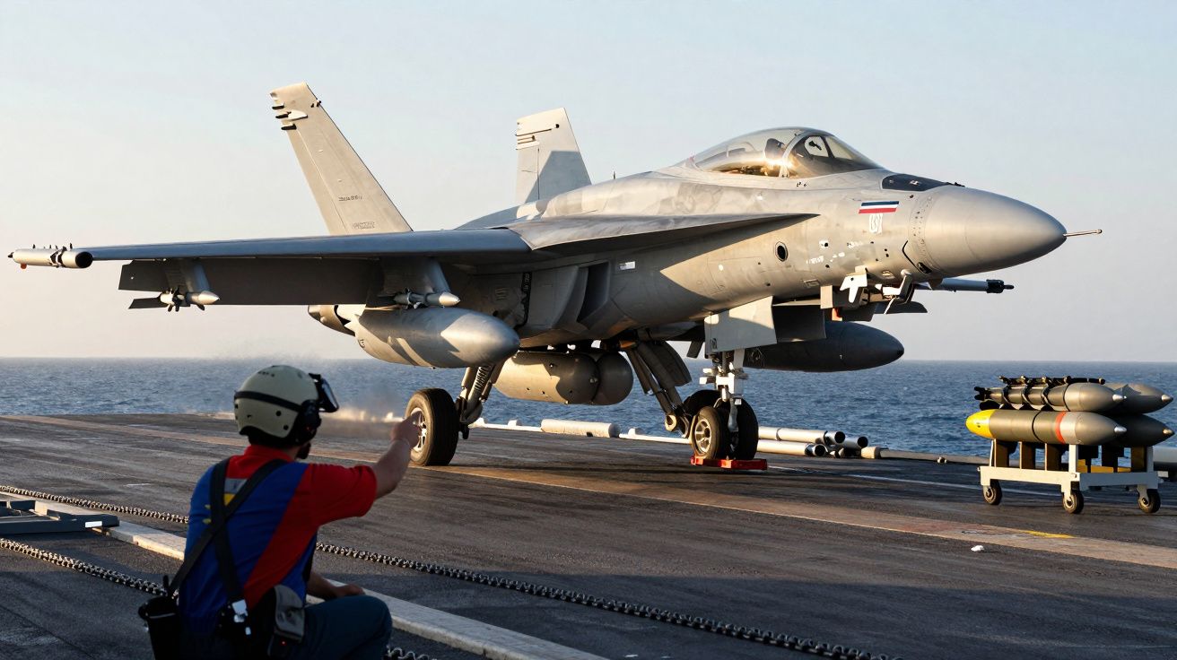 Avion de chasse sur le pont d'un porte-avions avec un marin en casque donnant des instructions.