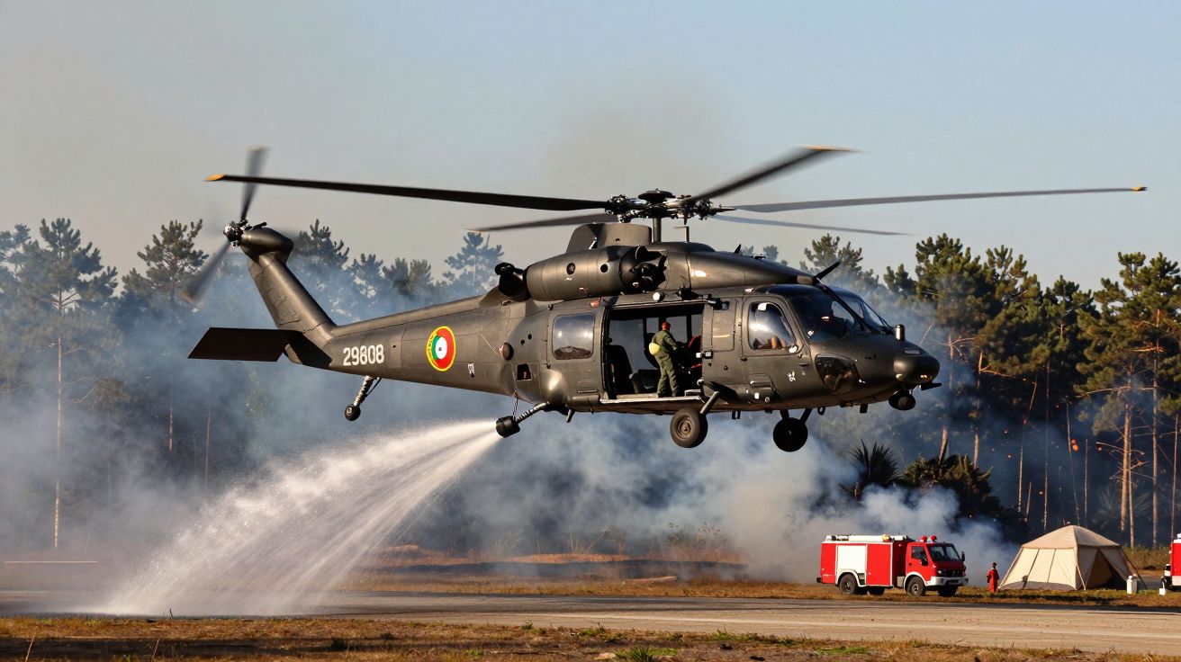 Hélicoptère militaire en vol bas projetant de l'eau pour éteindre un feu, avec camion de pompier et tente au sol.