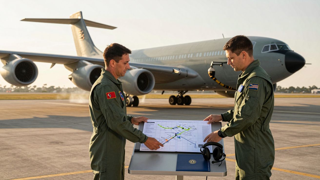 Deux aviateurs en tenue discutant devant un avion militaire avec une carte sur une table à l'aéroport.