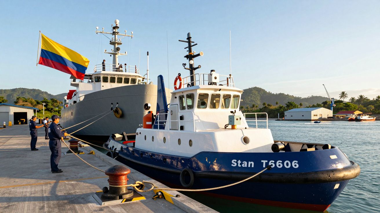 Deux bateaux amarrés au quai, un petit bateau bleu nommé Stan T6606 et un grand navire avec le drapeau colombien.