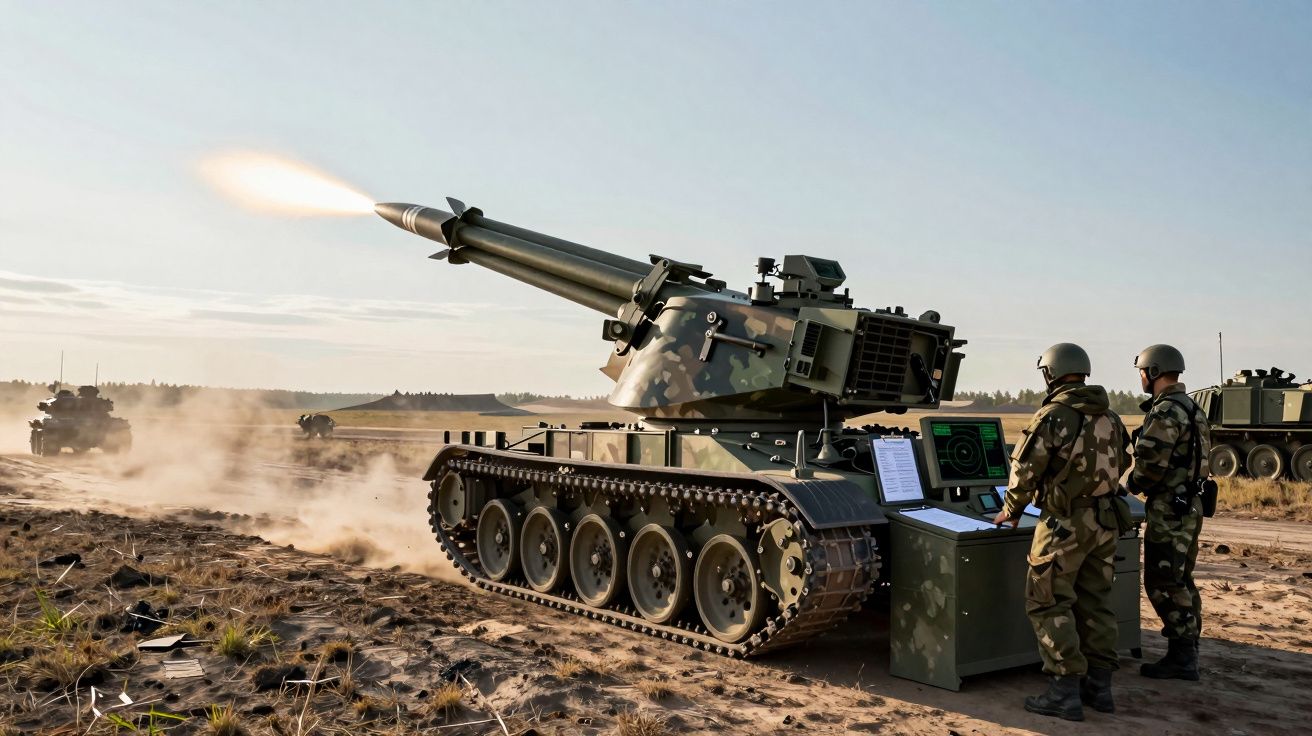 Deux soldats en tenue camouflage surveillent un obusier automoteur tirant sur un champ ouvert sous un ciel clair.