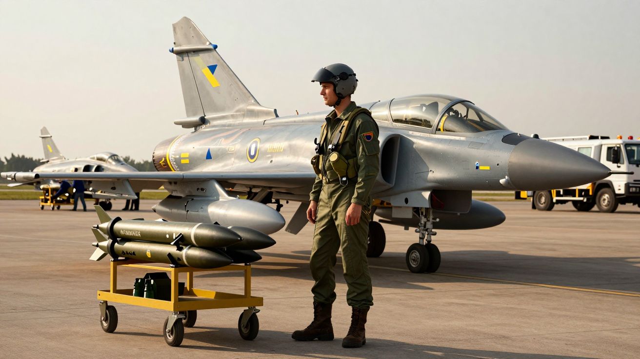 Pilote militaire en tenue devant un avion de chasse gris équipé de bombes sur un tarmac clair.