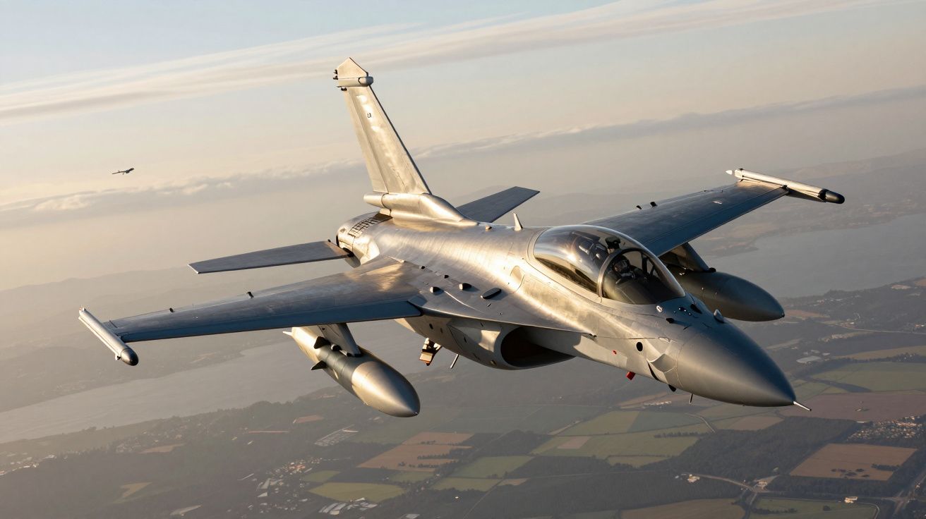 Avion de chasse militaire gris volant au-dessus d'un paysage rural au coucher du soleil.