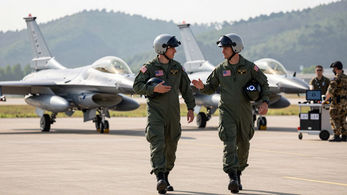 Deux pilotes en tenue de vol verte marchent devant deux avions de chasse sur une piste d’aéroport militaire.