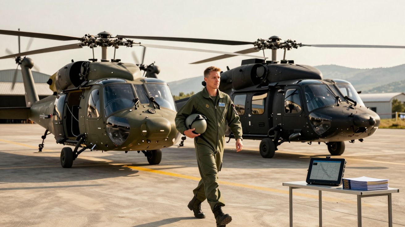 Un pilote militaire en combinaison marche sur un tarmac devant deux hélicoptères noirs stationnés.