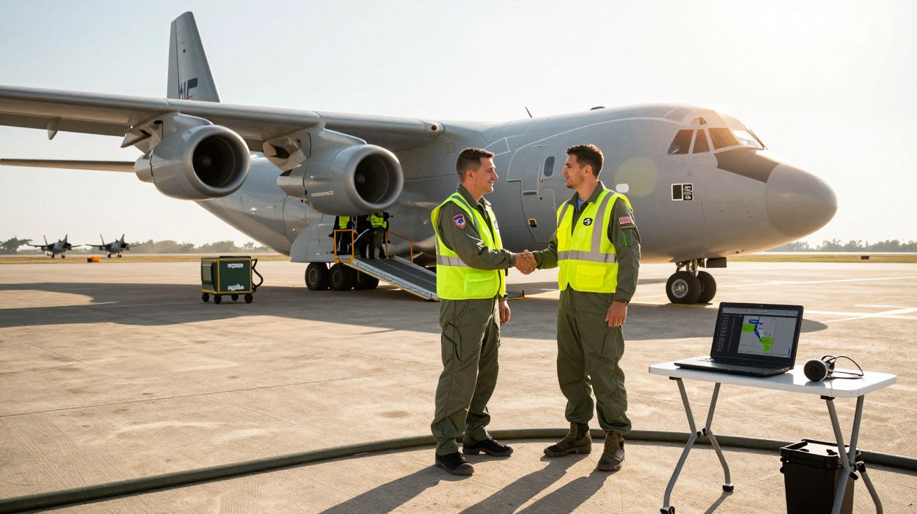 Deux militaires en tenue de vol et gilets jaunes se serrant la main devant un avion militaire au sol.