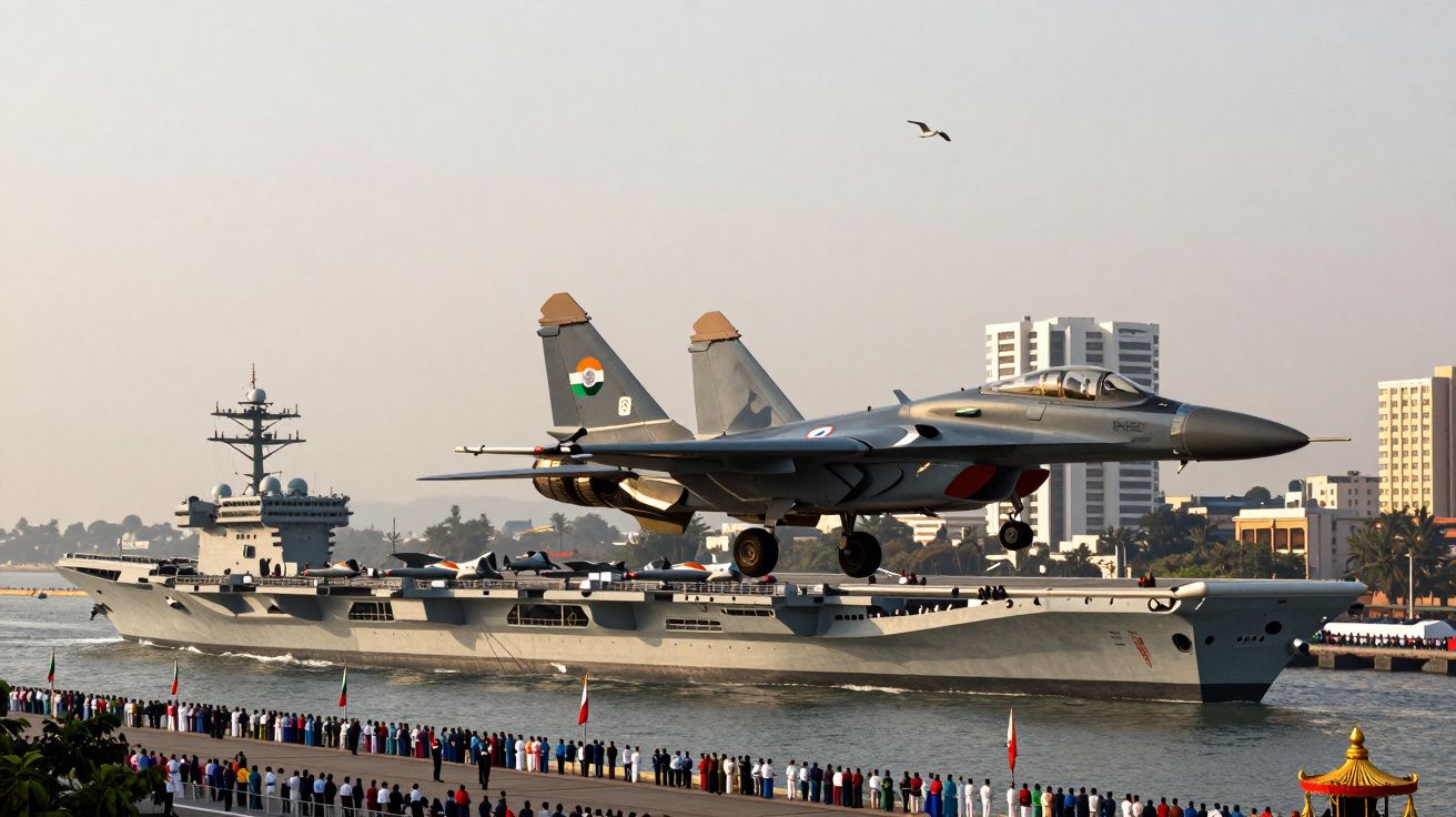 Chasseur indien décollant d’un porte-avions en mer, foule observant depuis le rivage urbain.