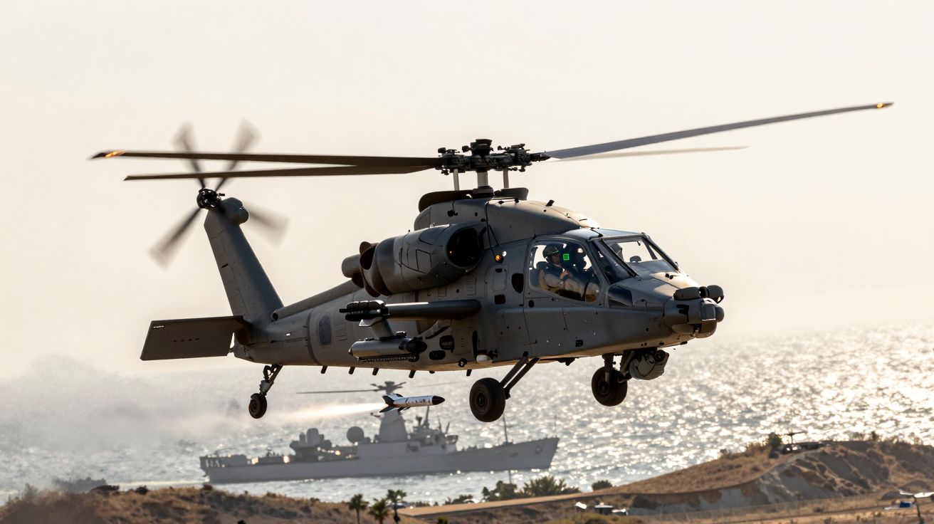 Hélicoptère militaire en vol basse altitude au-dessus de la mer avec un navire de guerre en arrière-plan.