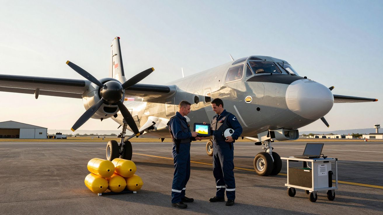 Deux techniciens en combinaison discutent devant un avion gris turbopropulseur sur le tarmac.