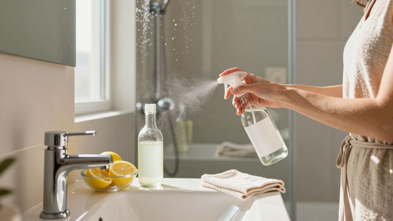 Personne pulvérisant un spray nettoyant sur un lavabo de salle de bain lumineux avec citron et chiffon.