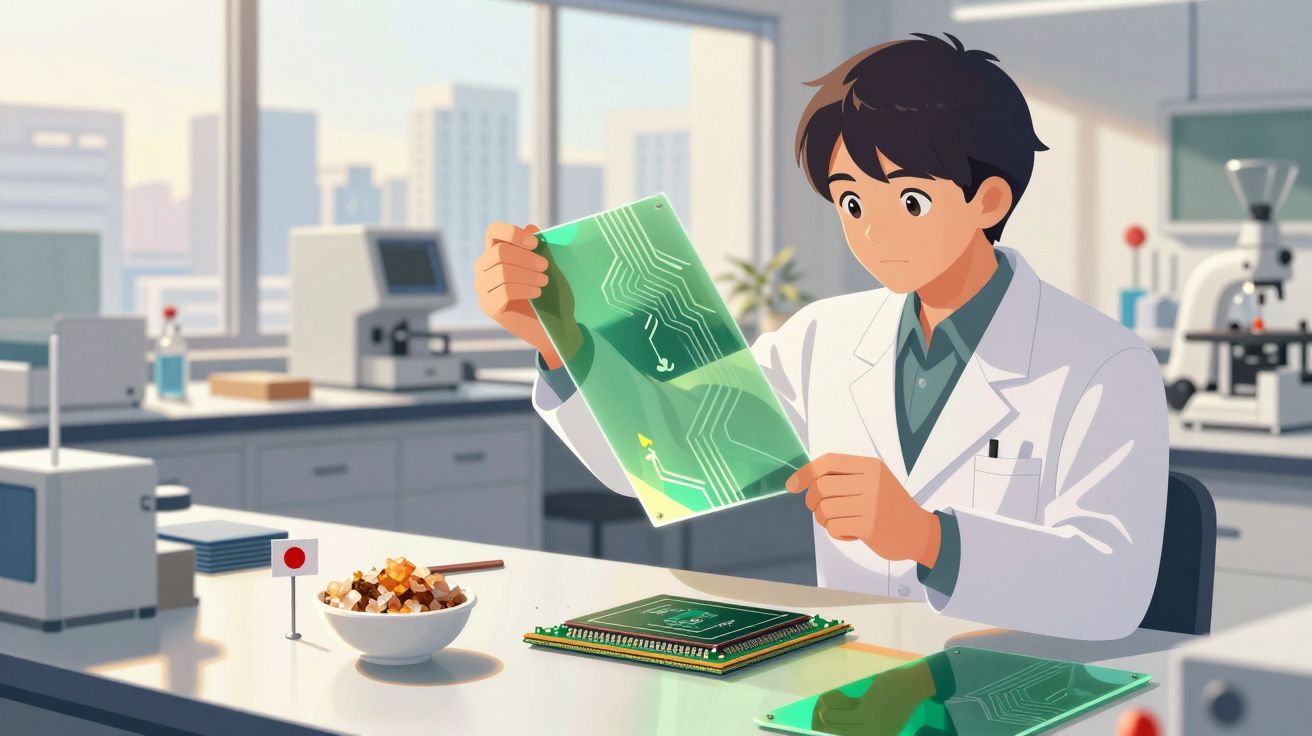 Scientifique en blouse blanche examine une puce électronique dans un laboratoire moderne lumineux.