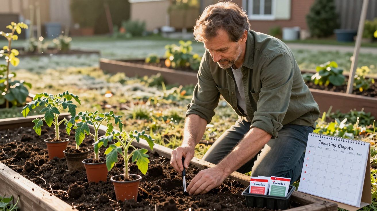 Homme plantant des graines dans un jardin potager avec des plants de tomates et un calendrier.