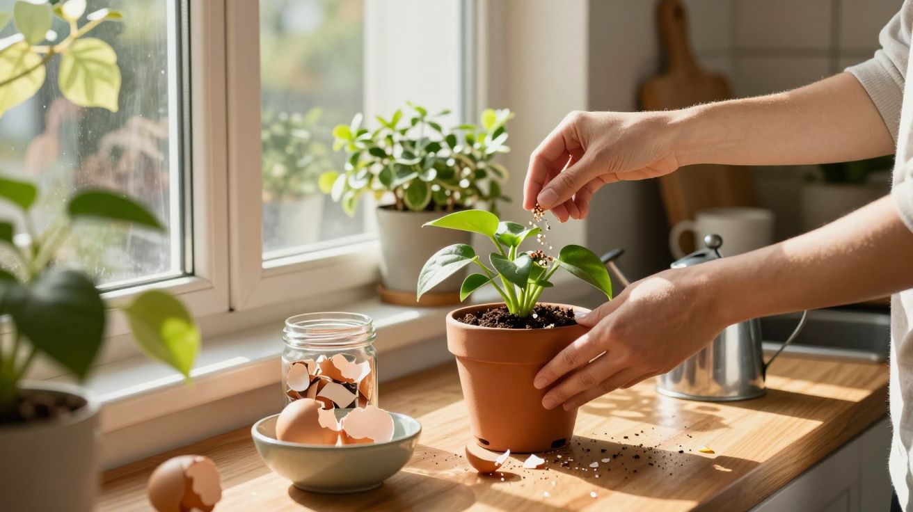 Une personne fertilise une plante verte en pot sur un rebord de fenêtre ensoleillé.