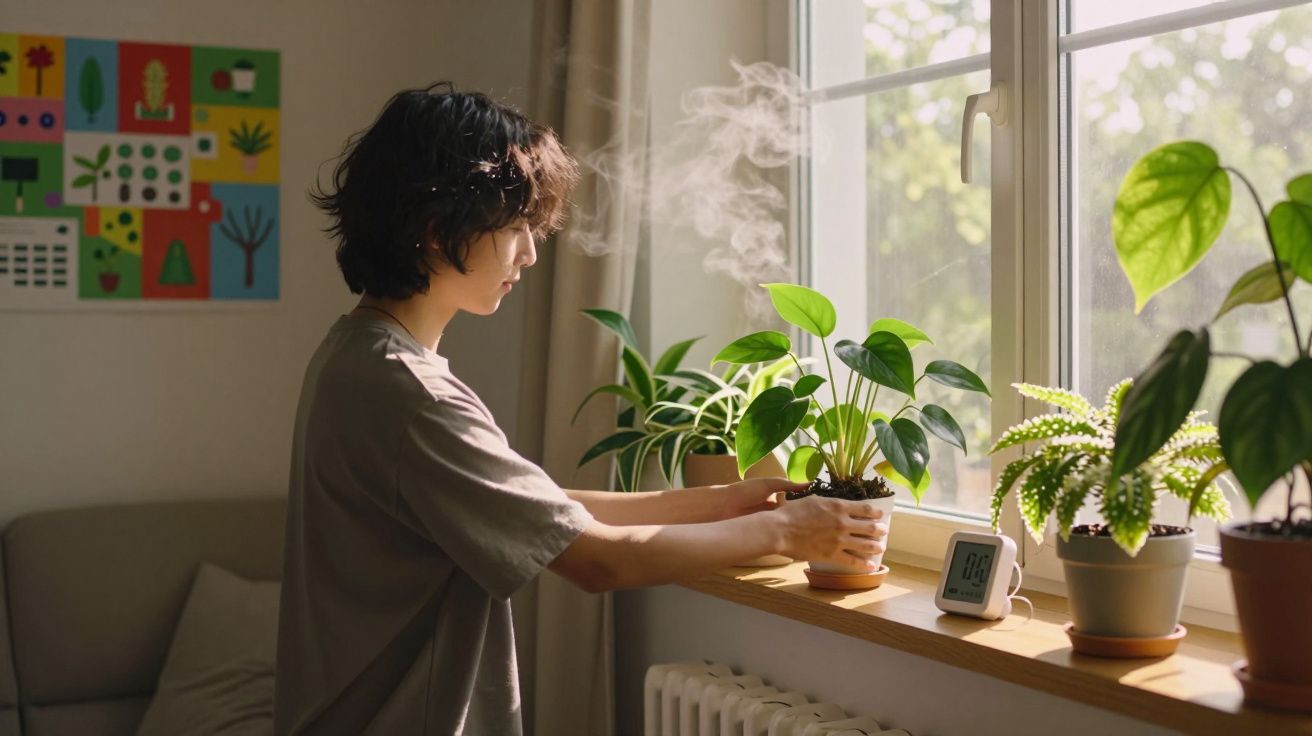 Personne arrosant une plante verte sur un rebord de fenêtre ensoleillé dans un intérieur chaleureux.