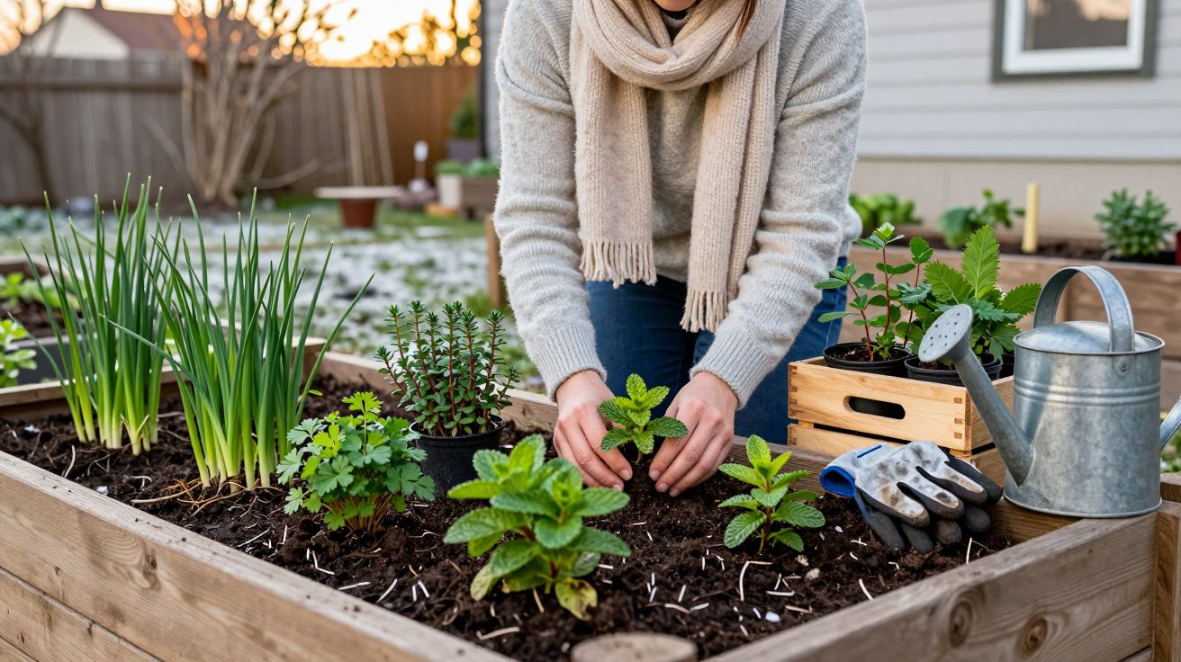 Personne plantant des jeunes pousses dans un jardin surélevé au coucher du soleil avec arrosoir et gants.