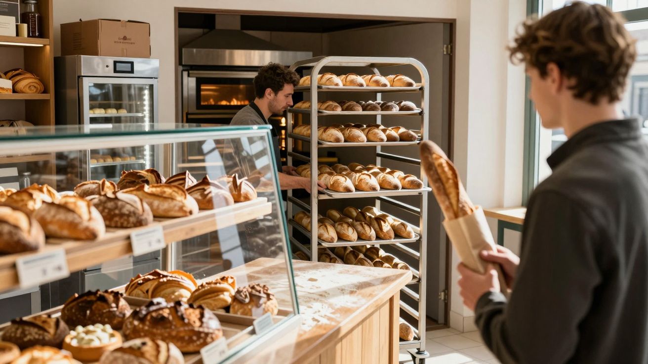 Client tenant une baguette dans une boulangerie tandis qu'un boulanger range des pains sur des étagères.
