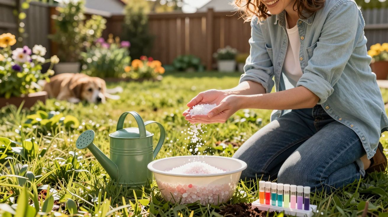 Personne versant des billes blanches dans un jardin avec un arrosoir et des tubes de couleur près d'elle.