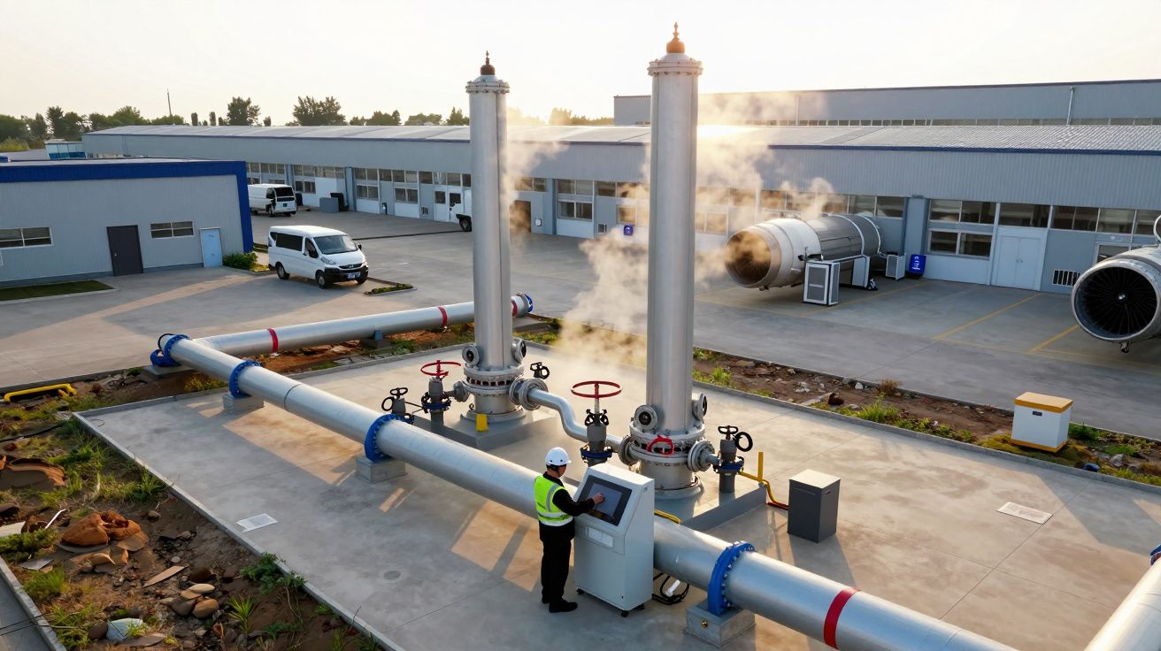 Ouvrier en casque contrôlant des fumées s'échappant de grandes canalisations industrielles en usine.