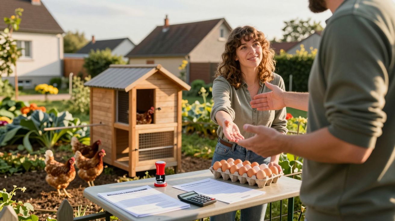 Une femme vend des œufs frais à un client dans un jardin avec un poulailler et des poules en arrière-plan.