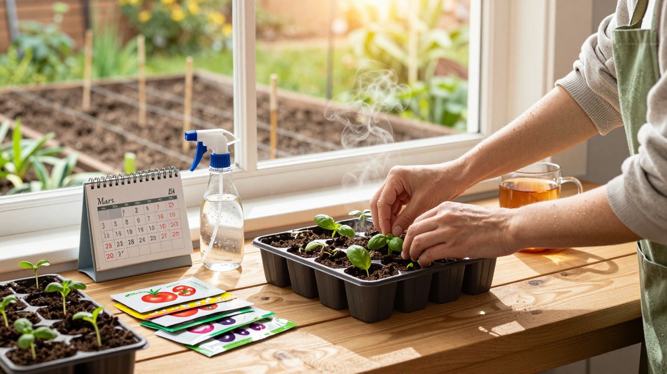 Mains plantant des graines dans des pots, calendrier mars, vaporisateur et sachets de graines sur table près d'une fenêtre.