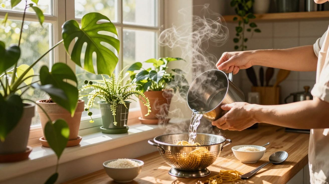 Personne versant de l'eau bouillante dans une passoire avec des pâtes, plantes et bols sur un plan de travail ensoleillé.
