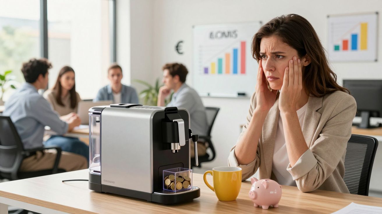 Femme inquiète devant machine à café avec pièces de monnaie, tasse jaune et tirelire cochon en réunion.