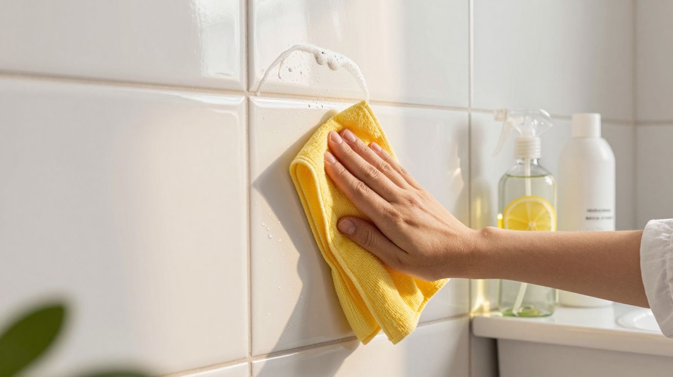 Main essuyant des carreaux blancs avec un chiffon jaune dans une cuisine lumineuse.