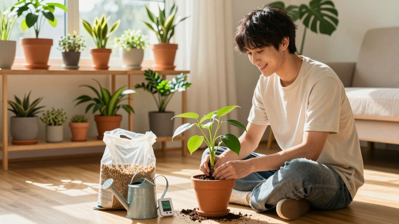 Jeune homme souriant transplantant une plante verte dans un pot, entouré de pots et outils de jardinage.