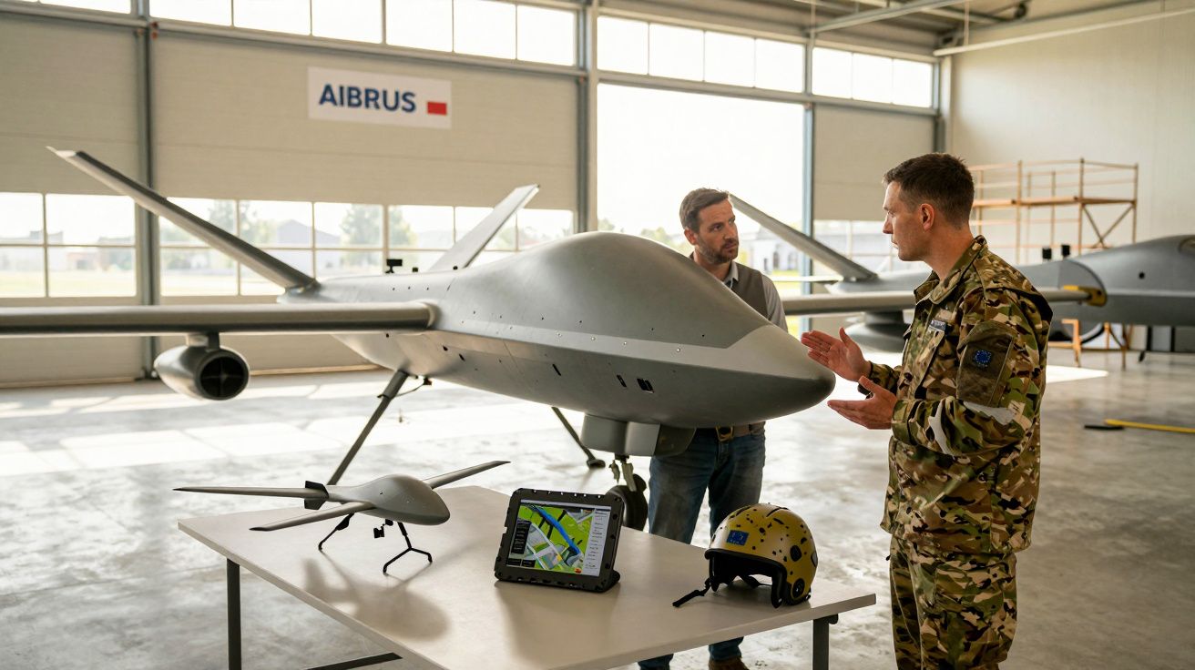 Deux hommes discutent près de drones et d'un écran dans un hangar marqué Airbus.