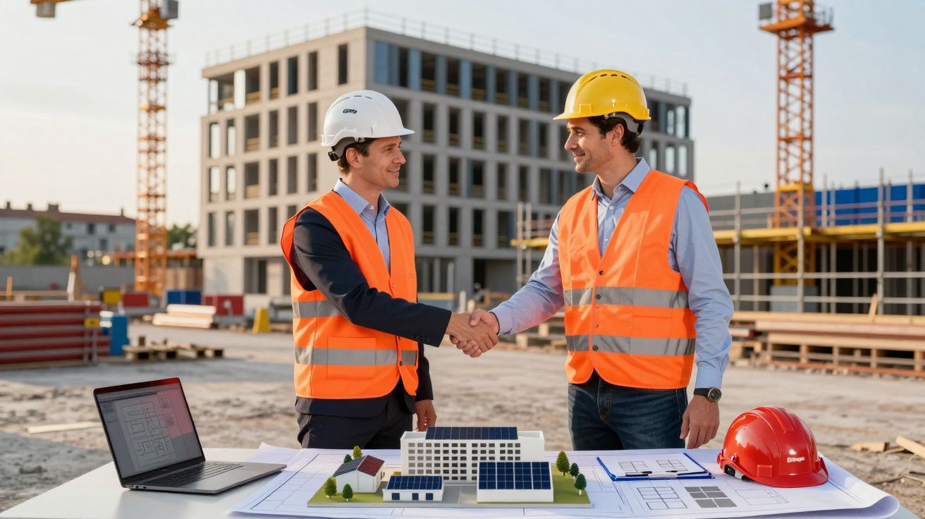 Deux hommes en gilets de sécurité et casques serrent la main sur un chantier avec maquette et plans.