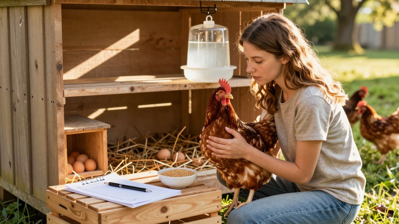 Jeune femme recueillant une poule près d'un poulailler avec des œufs, un carnet et un bol de graines.