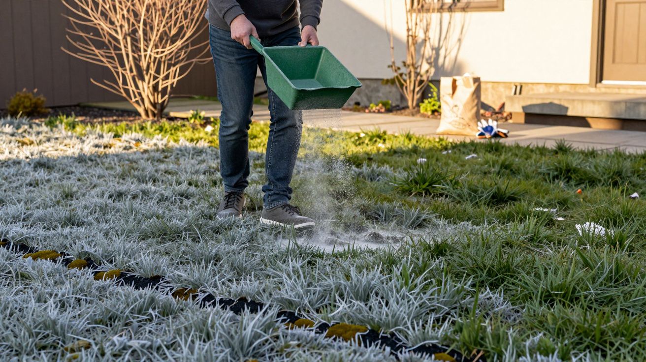 Personne épandant un produit granulaire sur une pelouse partiellement gelée dans un jardin en hiver.