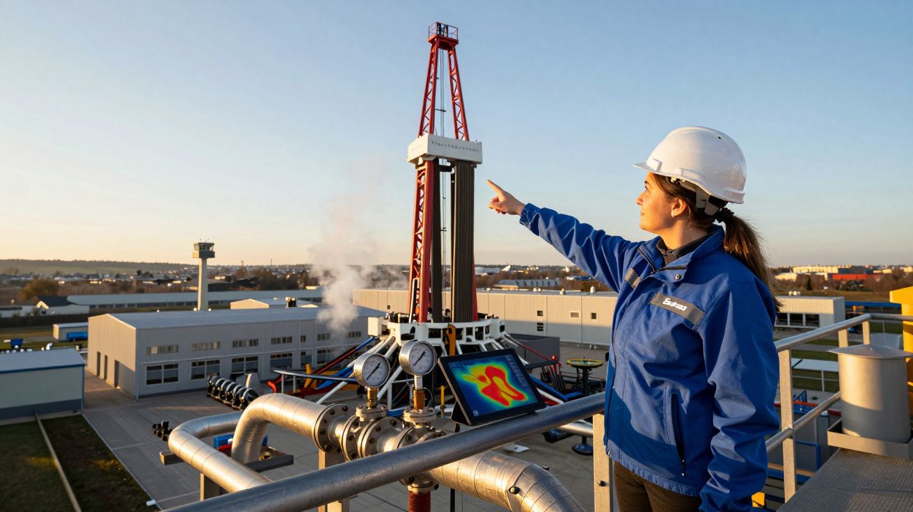 Femme ingénieure en casque blanc pointant une installation industrielle avec conduites et écran thermique au crépuscule.