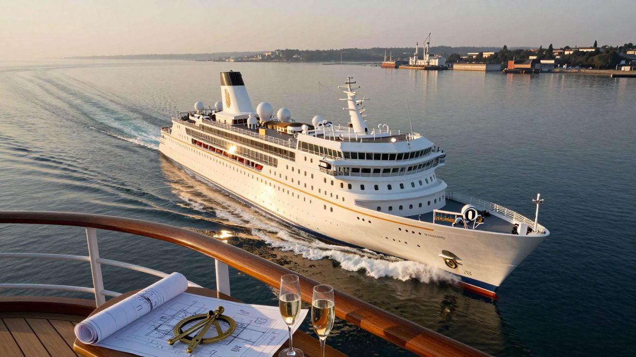 Grand paquebot blanc naviguant près du rivage vu depuis un balcon avec plans, compas et verres de champagne.
