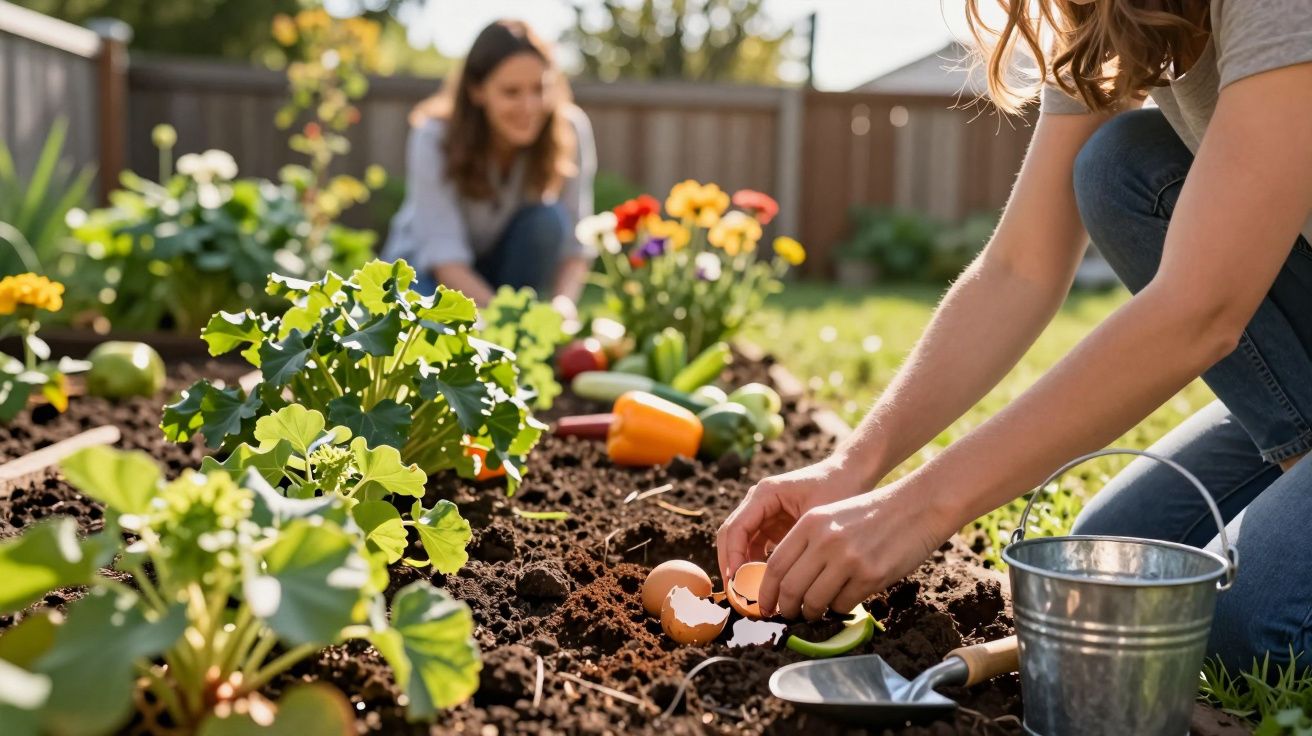 Deux femmes jardinent en plantant des épluchures d'œufs dans un potager au soleil.