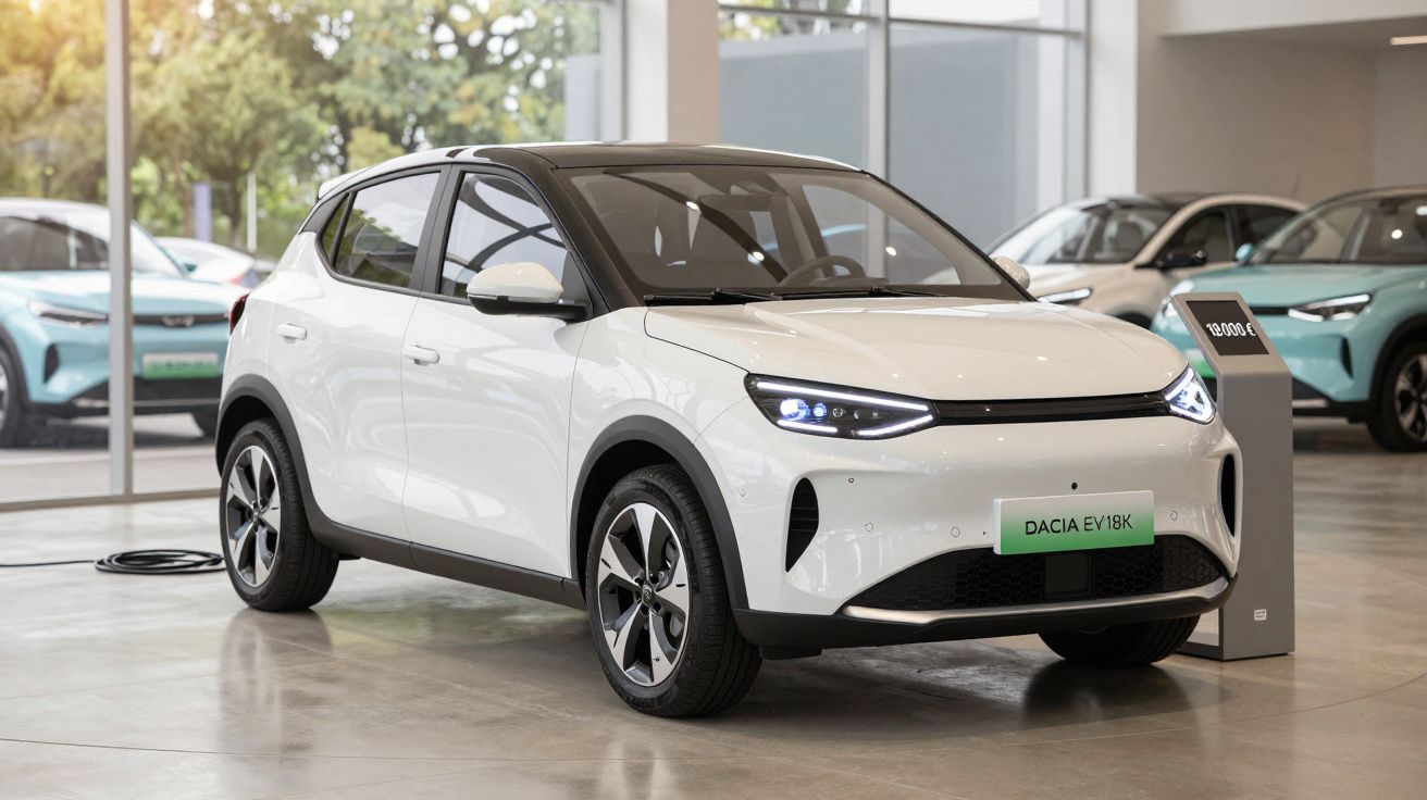 Voiture électrique blanche Dacia EV18K exposée en showroom avec étiquette de prix à côté.