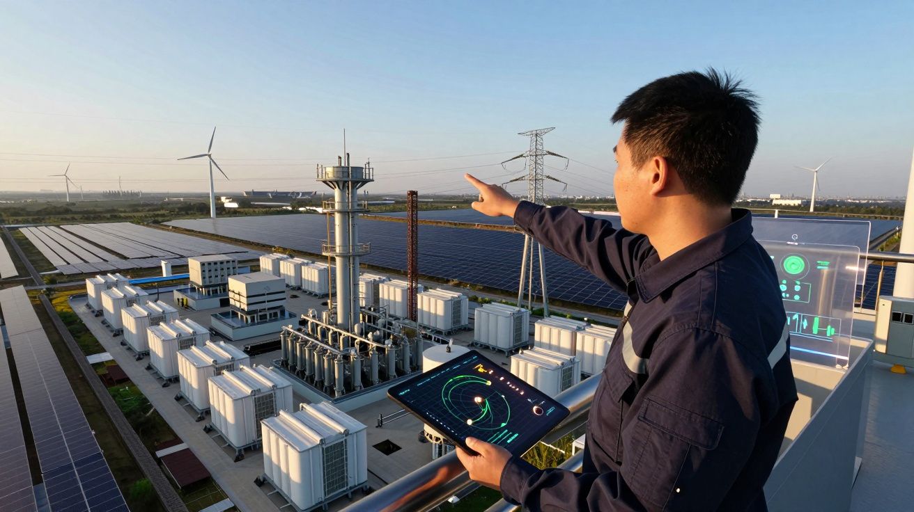 Homme contrôlant une centrale électrique moderne avec panneaux solaires et éoliennes au coucher du soleil.