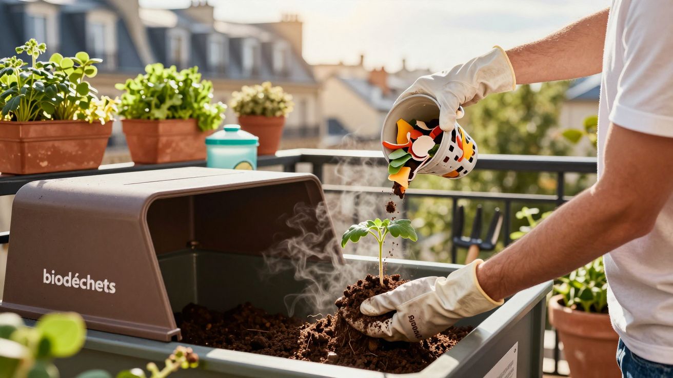 Personne versant des déchets organiques dans un composteur de balcon avec des plantes en arrière-plan.