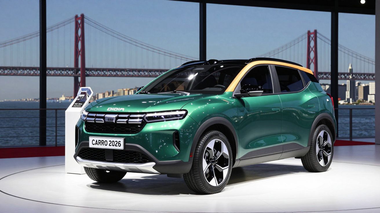 Voiture électrique verte et noire exposée en salle avec un grand pont rouge en arrière-plan.