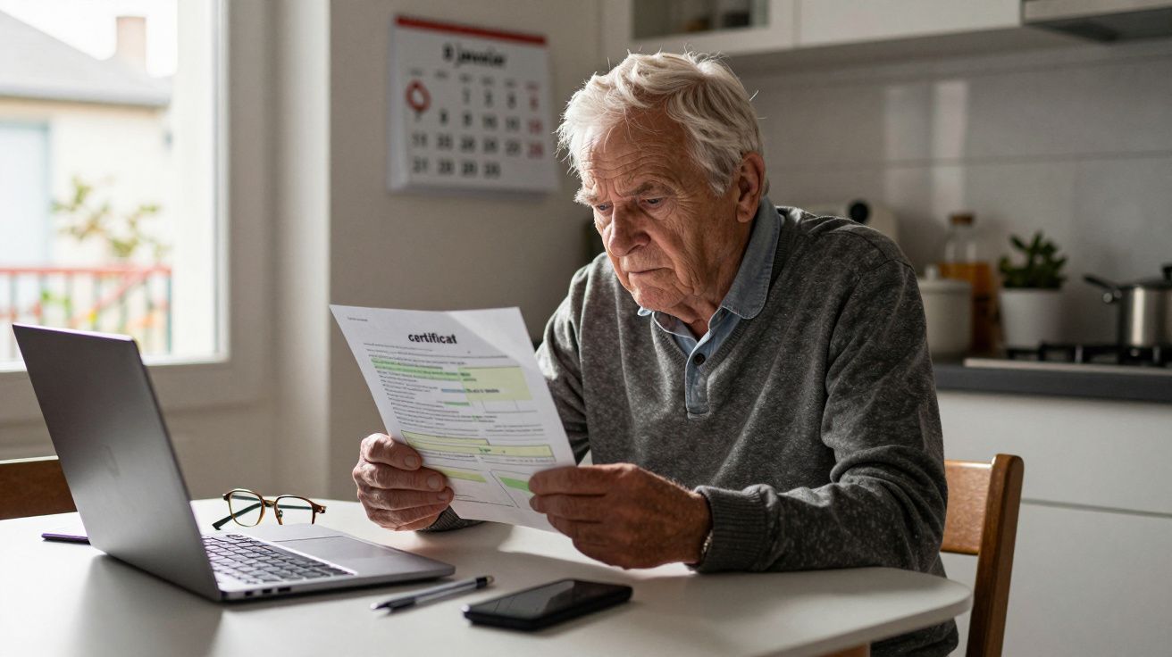 Homme âgé assis à une table, lisant attentivement un document avec un ordinateur ouvert et un téléphone devant lui.