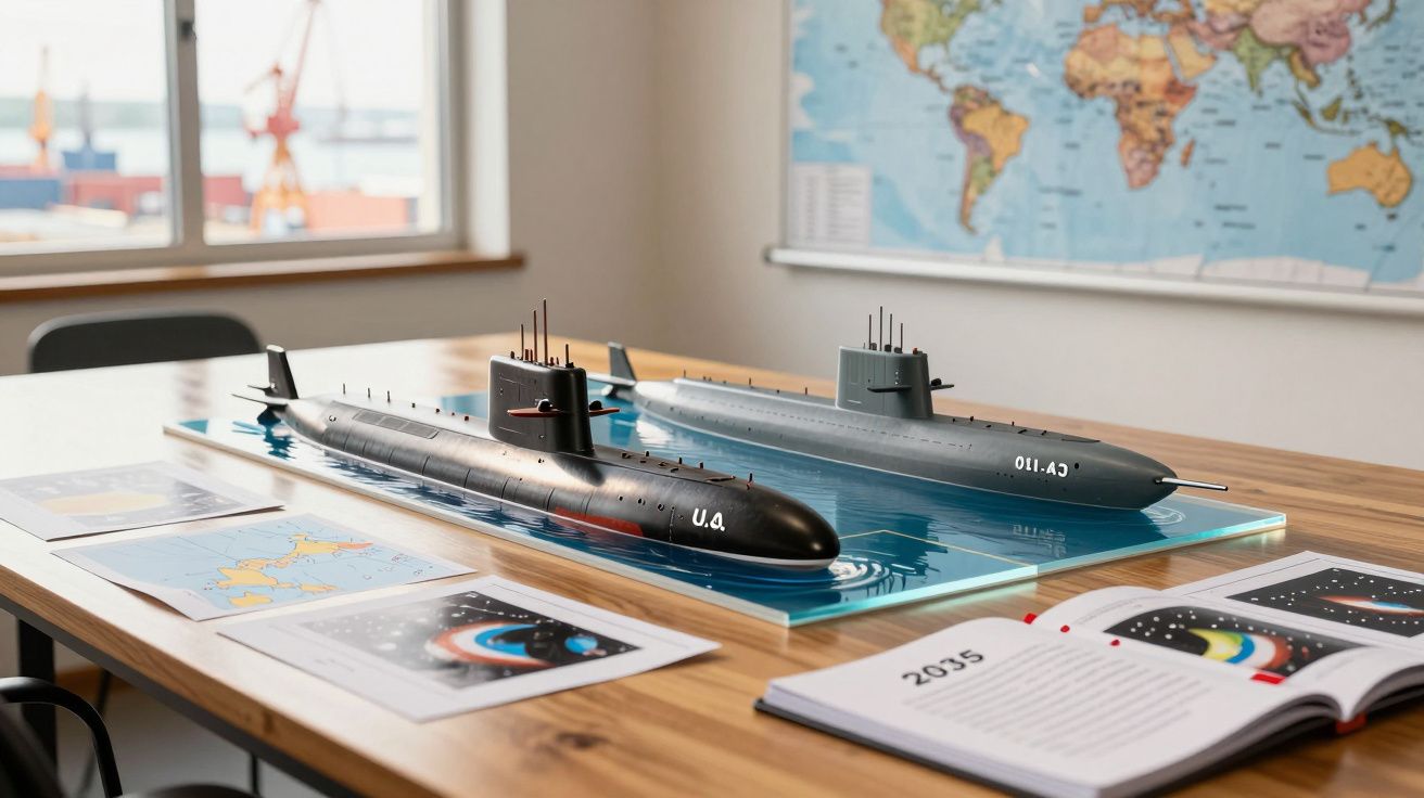 Deux maquettes de sous-marins sur une table avec des documents et une carte du monde en arrière-plan.