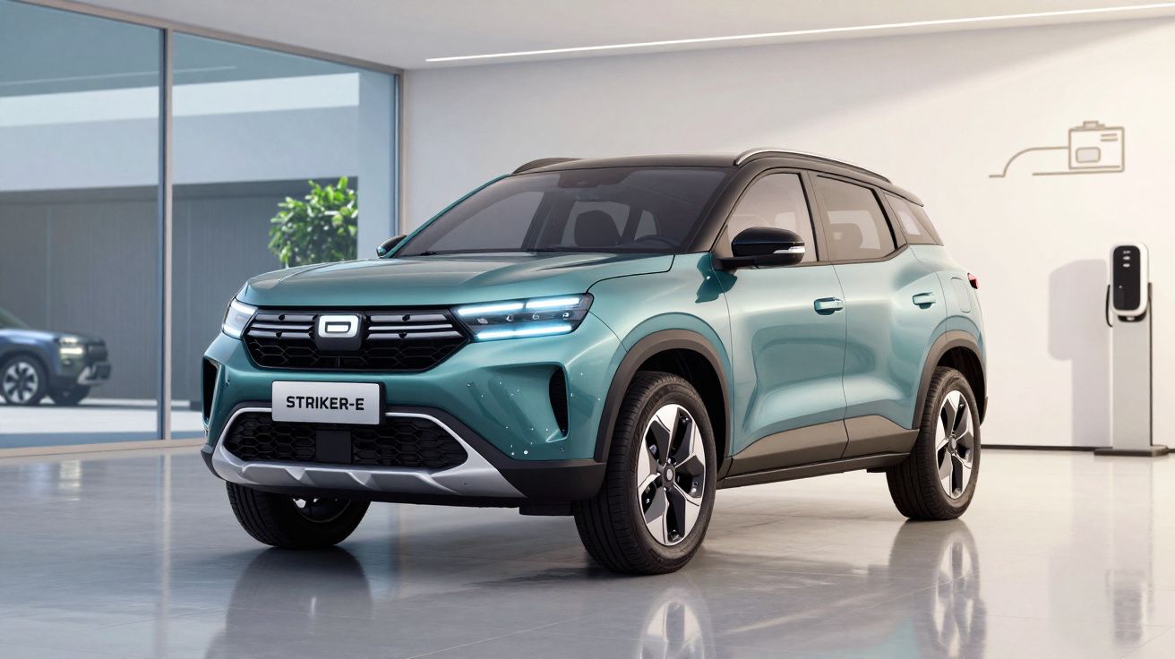 SUV électrique vert métallisé Striker-E garé dans un showroom moderne avec borne de recharge.