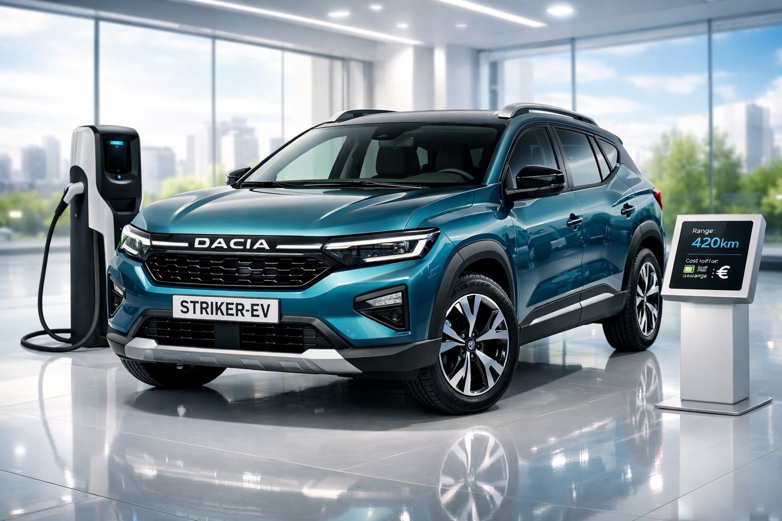 SUV électrique Dacia Striker-ev bleu à une borne de recharge, affichage indique autonomie de 420 km.