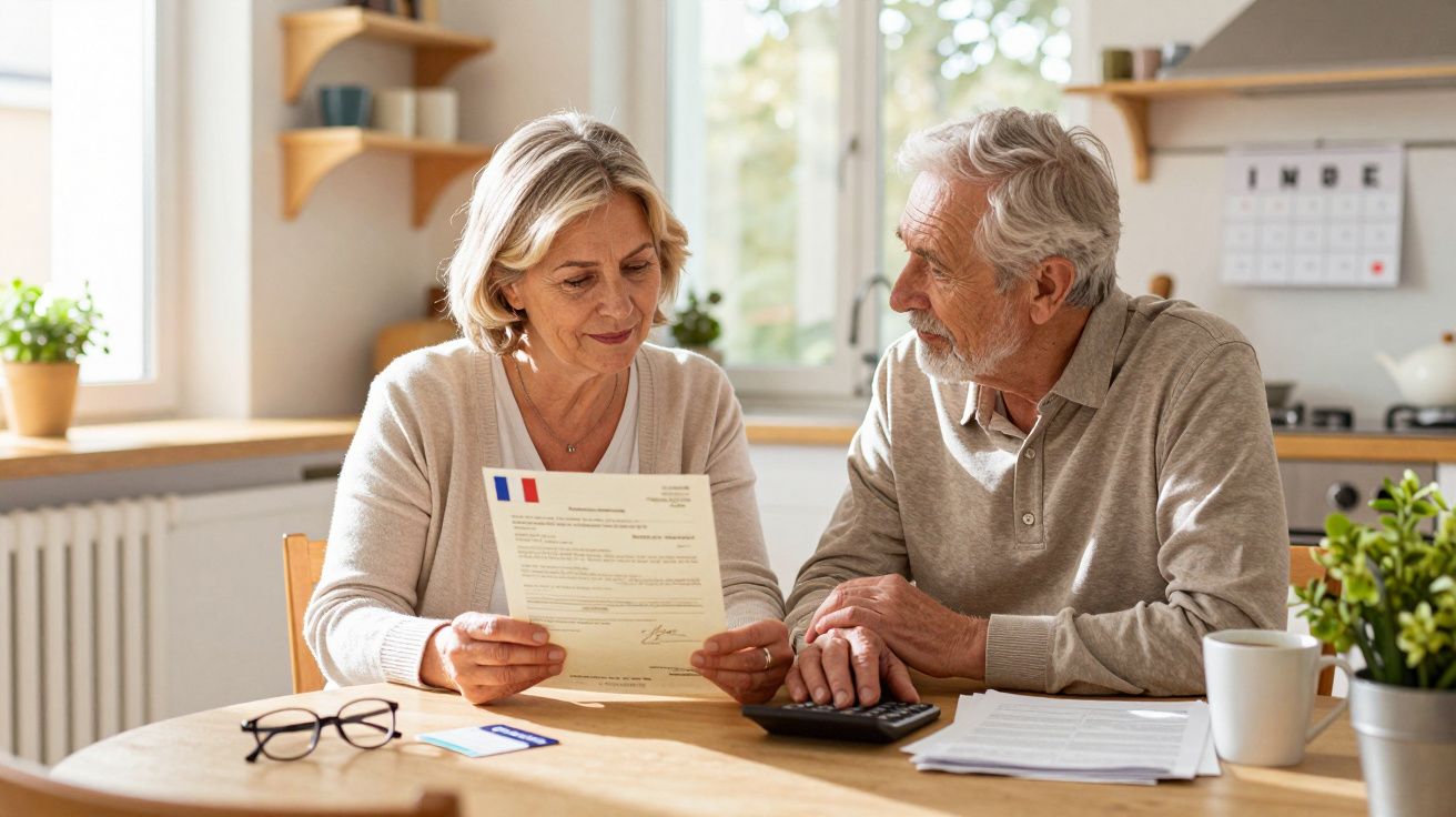 Couple de seniors examinant une lettre officielle à table dans une cuisine lumineuse.