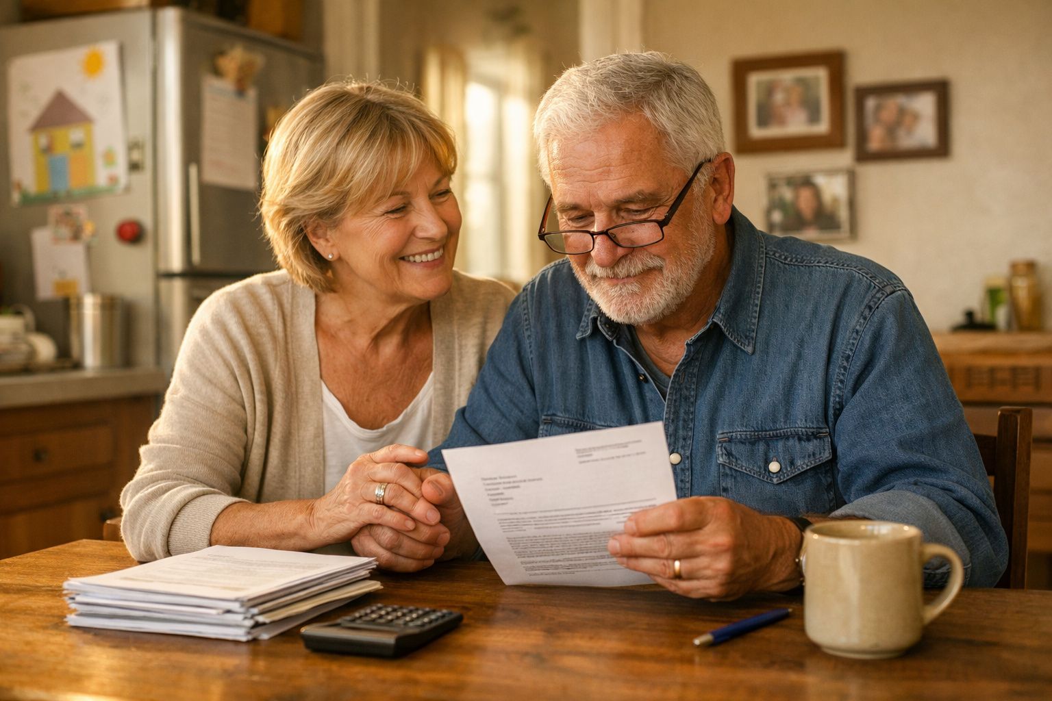 Couple de seniors souriant en lisant un courrier à table dans une ambiance chaleureuse à la maison.