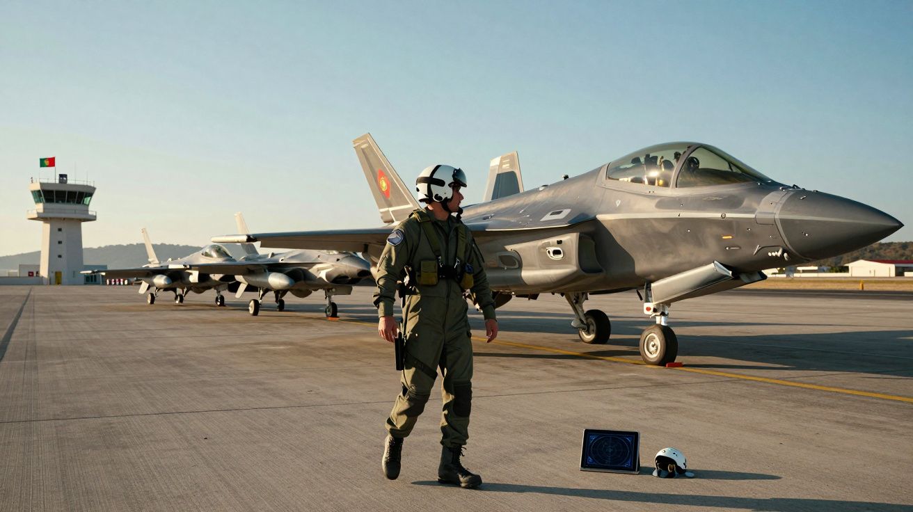 Pilote en combinaison verte debout devant plusieurs avions de chasse sur une piste avec tour de contrôle en arrière-plan.