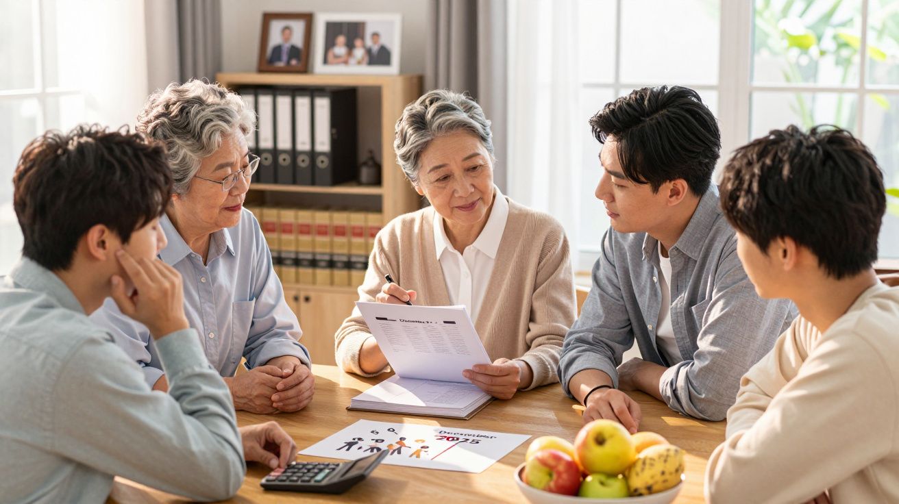 Une famille asiatique discute autour d'une table avec des documents, calculatrice et fruits dans une pièce lumineuse.