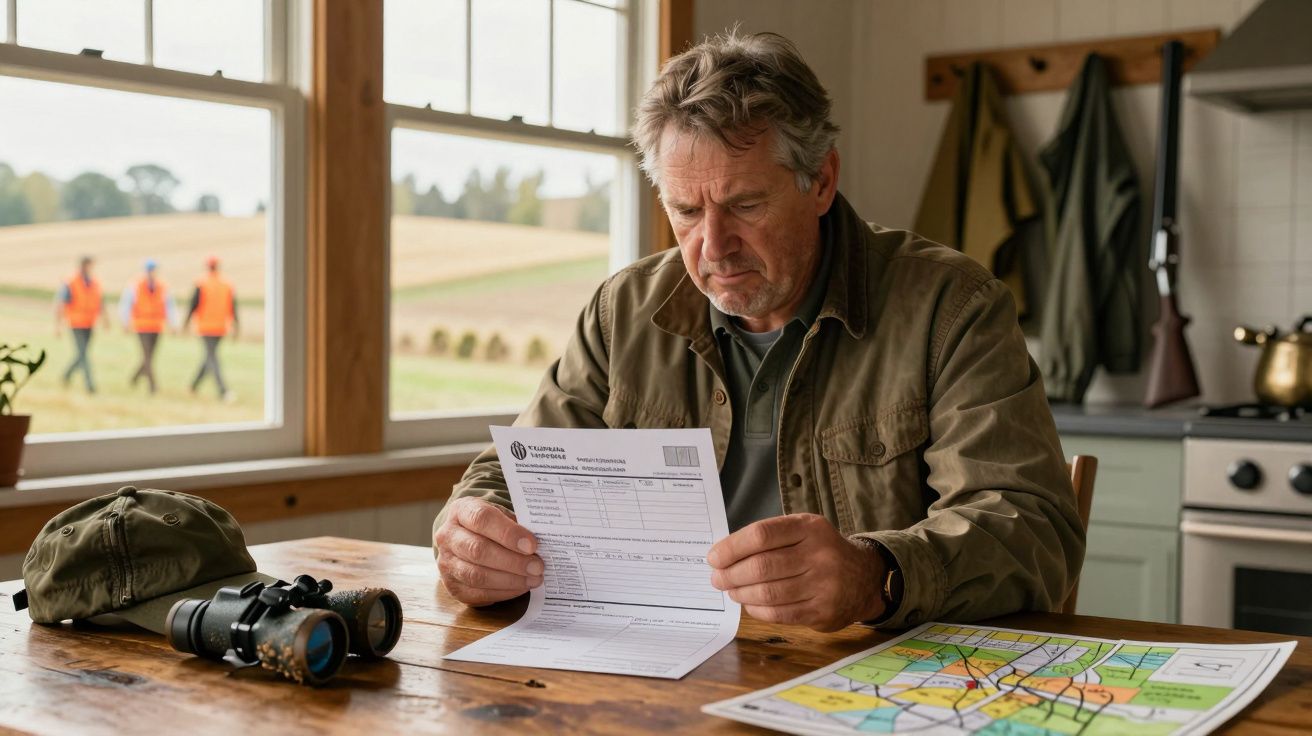 Homme sérieux lisant un document assis à une table avec une carte, une casquette et des jumelles.