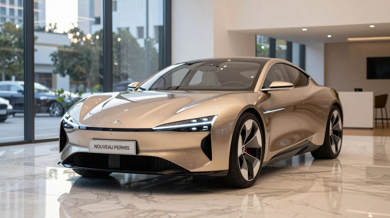 Voiture électrique berline sportive beige exposée dans un showroom moderne avec plaque "NOUVEAU PERMIS".