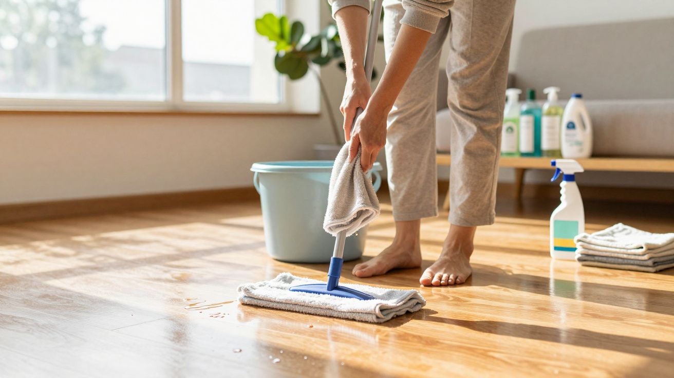 Personne en tenue décontractée nettoyant un sol en bois avec une serpillière et un seau bleu dans une pièce lumineuse.